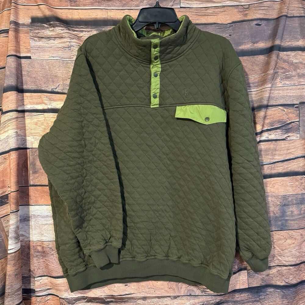 Heybo Outdoors Hermitage Quilted Pullover Jacket Mens XL Olive Green Snap Fleece